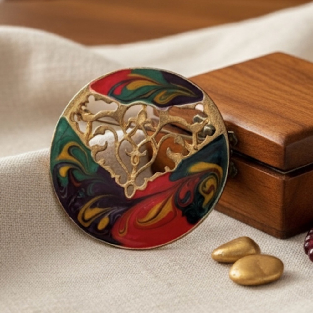Vintage Art Nouveau Style Marbled Enamel Brooch
